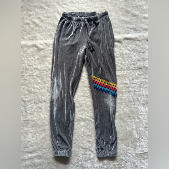 No Boundaries Pants - Aviator nation look alike Gray Velvet Joggers with Rainbow Stripe